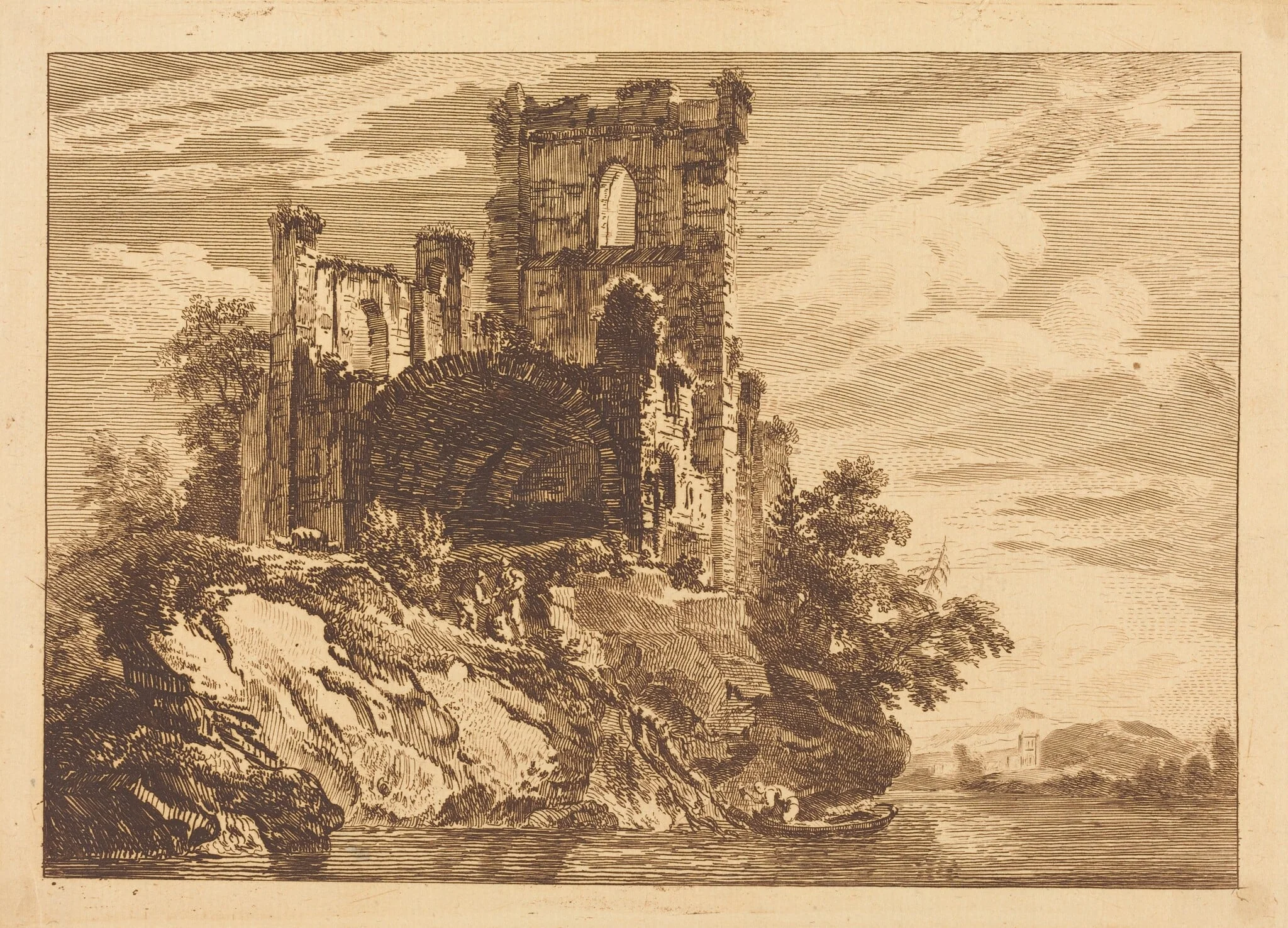 Ruins by a River with a Man in a Boat, by Paul Sandby, ink, 1758