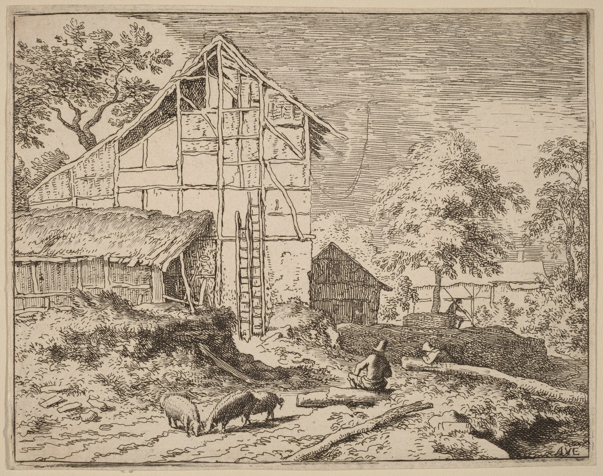 Cottage with Two Ladders, by Allart van Everdingen, ink, 1650