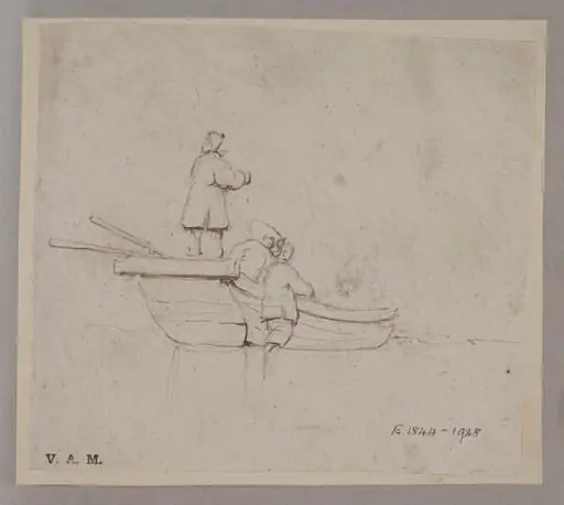Three Chinese figures with a small boat