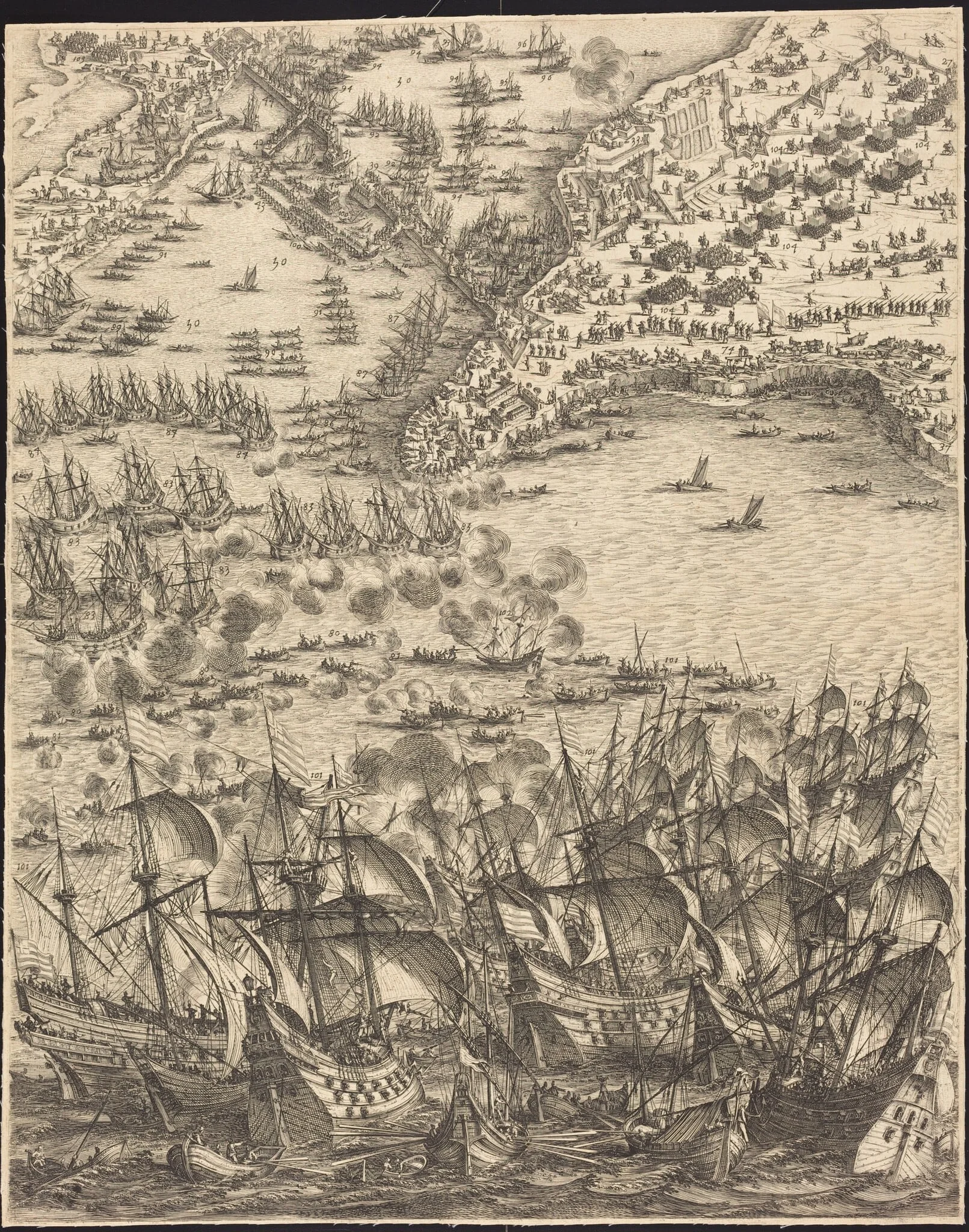 The Siege of La Rochelle [plate 11 of 16; set comprises 1952.8.97-112], by Jacques Callot, ink, 1630