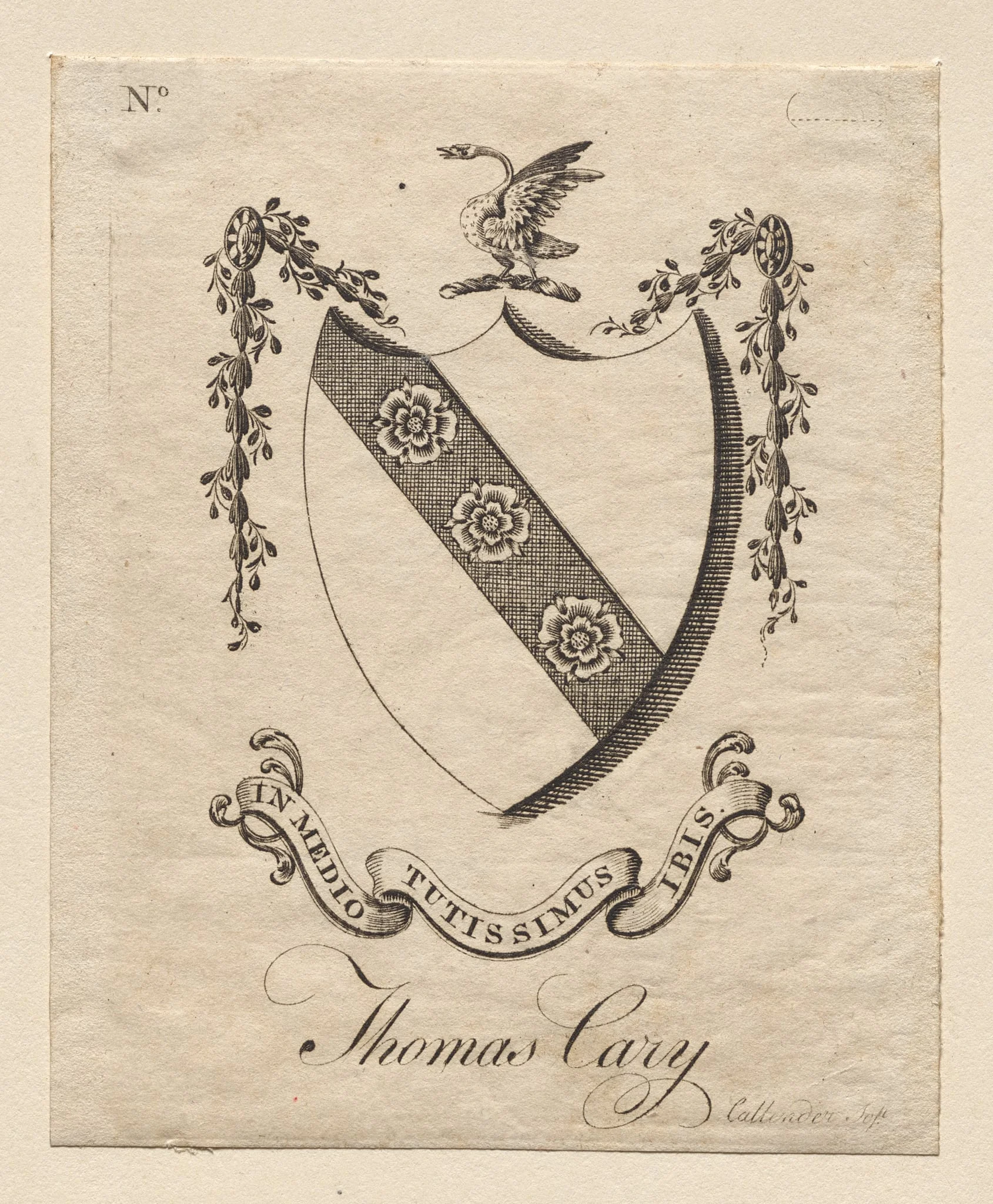 Bookplate:  Coat of Arms with Thomas Cary inscribed below, by Joseph Callender, 1796