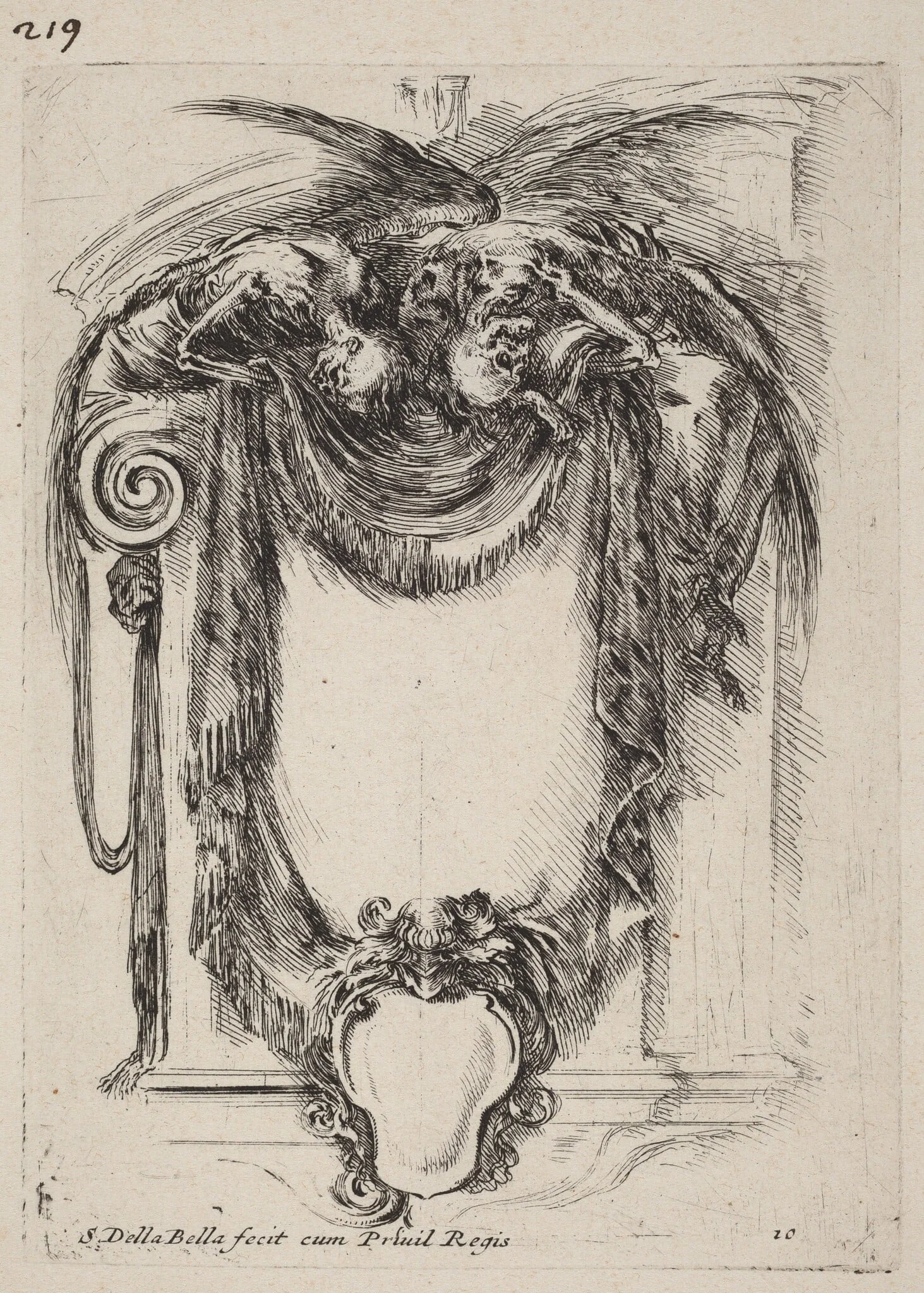 Cartouche Suspended from Corpses, by Stefano Della Bella, ink, 1647