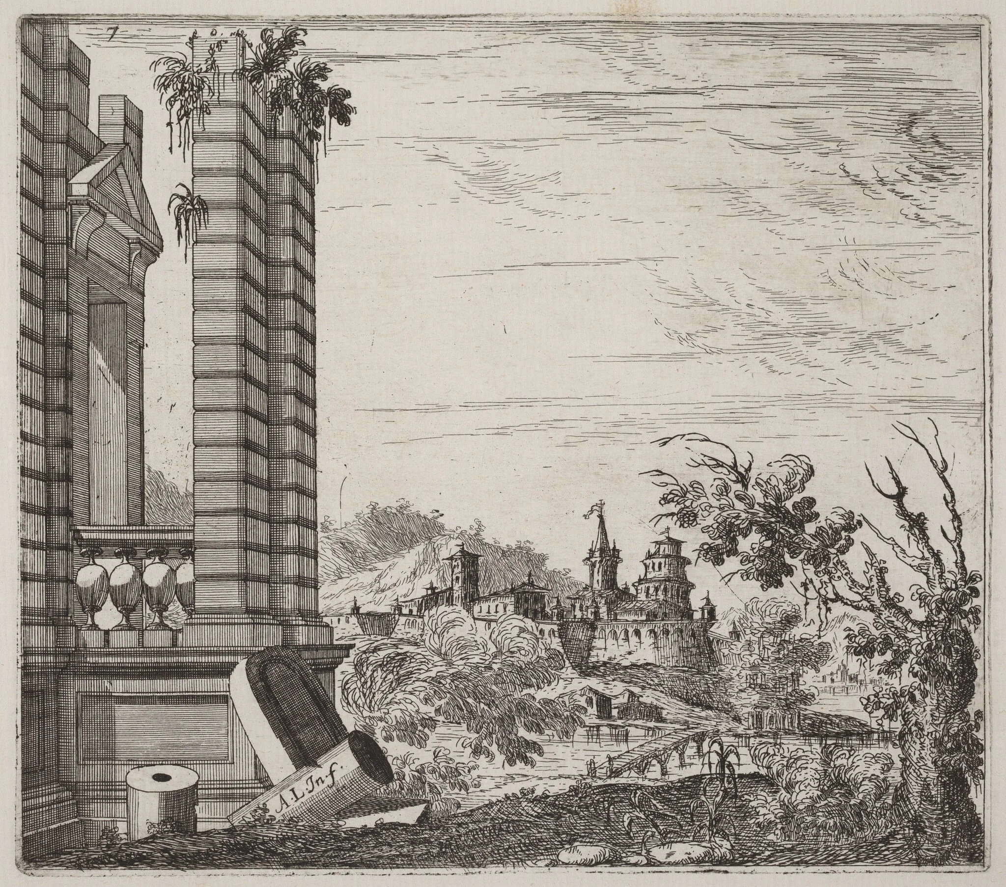 Fantastic River Landscape with Ruins and a Castle, by Giuseppe Antonio Landi, ink, 1753