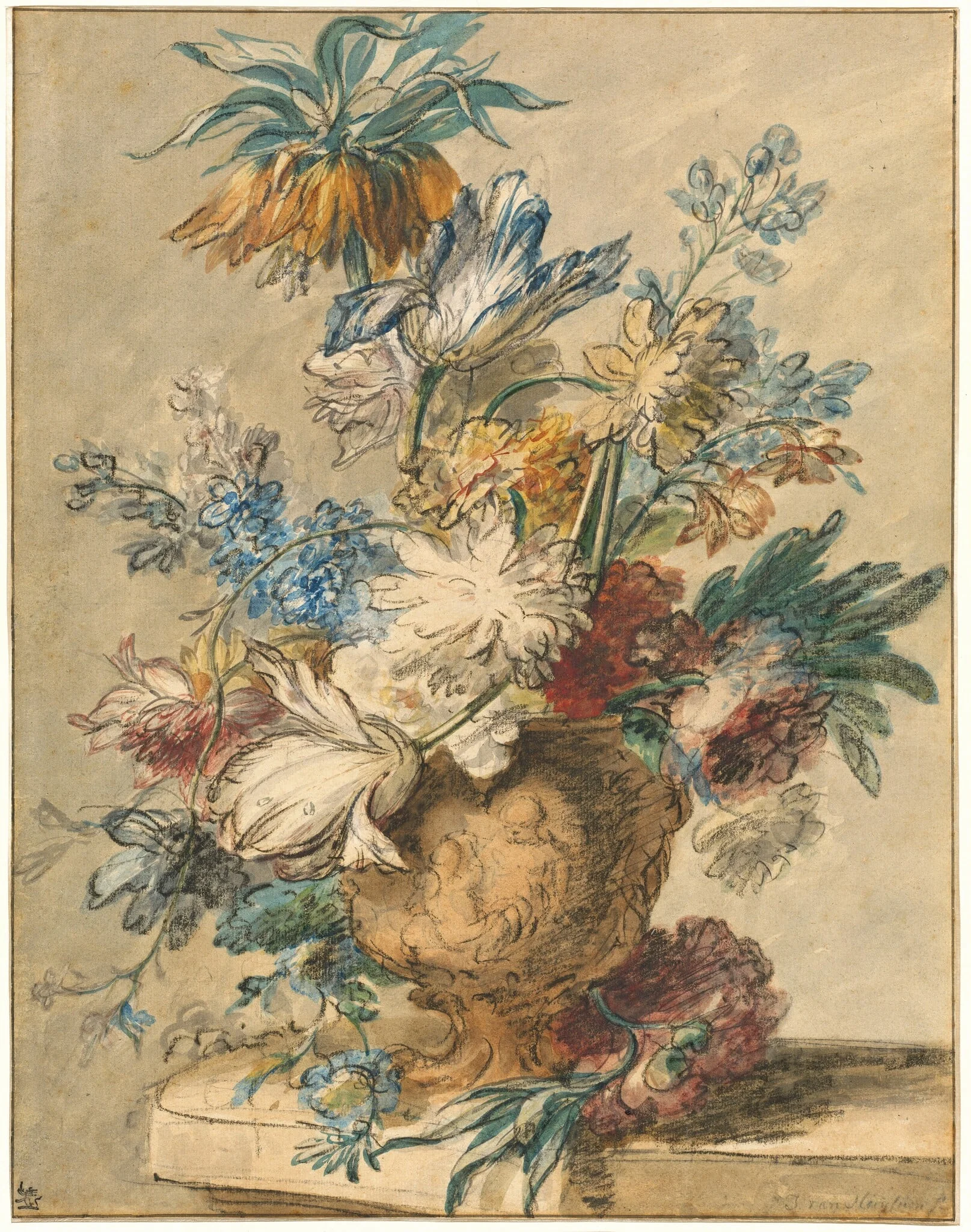 Bouquet of Spring Flowers in a Terracotta Vase, by Jan van Huysum, watercolor, 1724