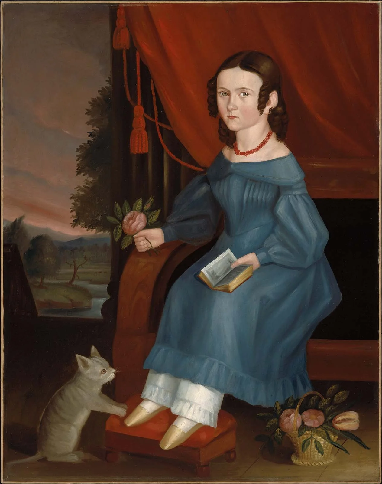 Girl with a Gray Cat, by Unknown, oil, 1840