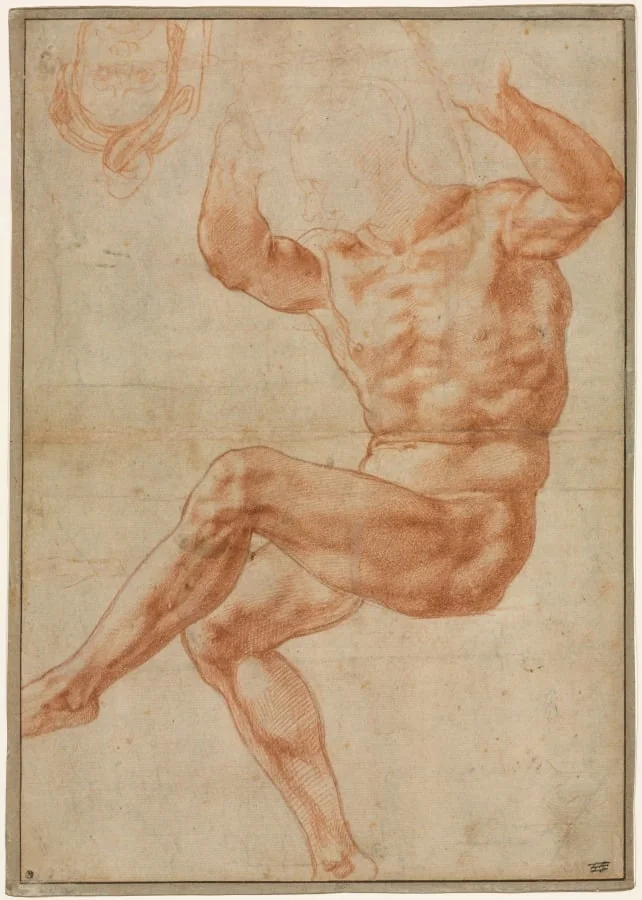 Study for the Nude Youth over the Prophet Daniel (recto), by Michelangelo, 1510