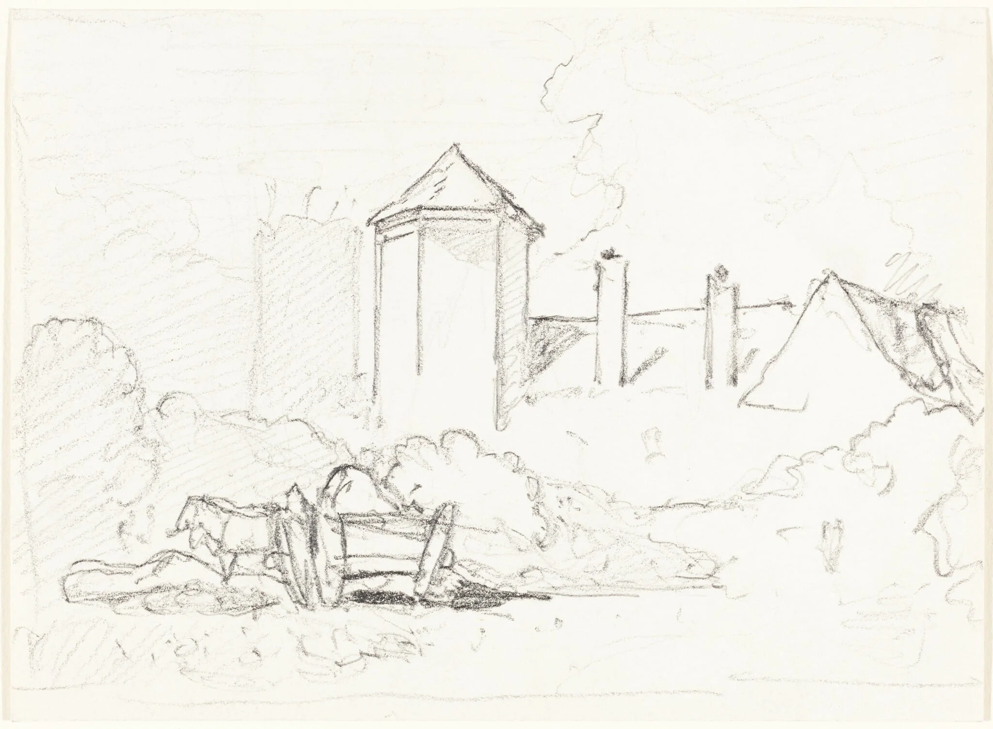 Sketch of Buildings with Cart and Horses in Foreground, by John Sell Cotman, graphite, 1812