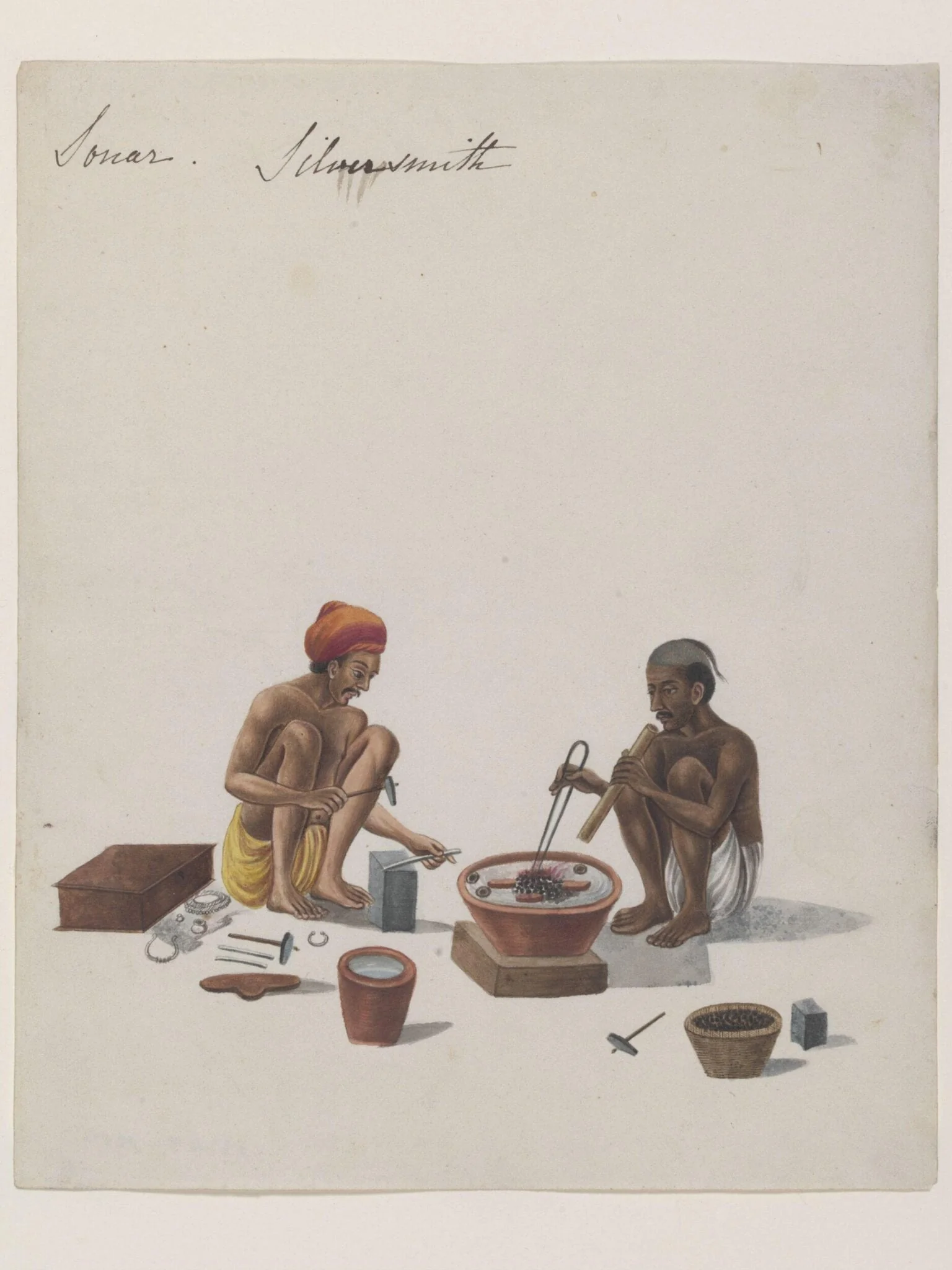 A silversmith with an assistant, by Unknown, paint, 1826