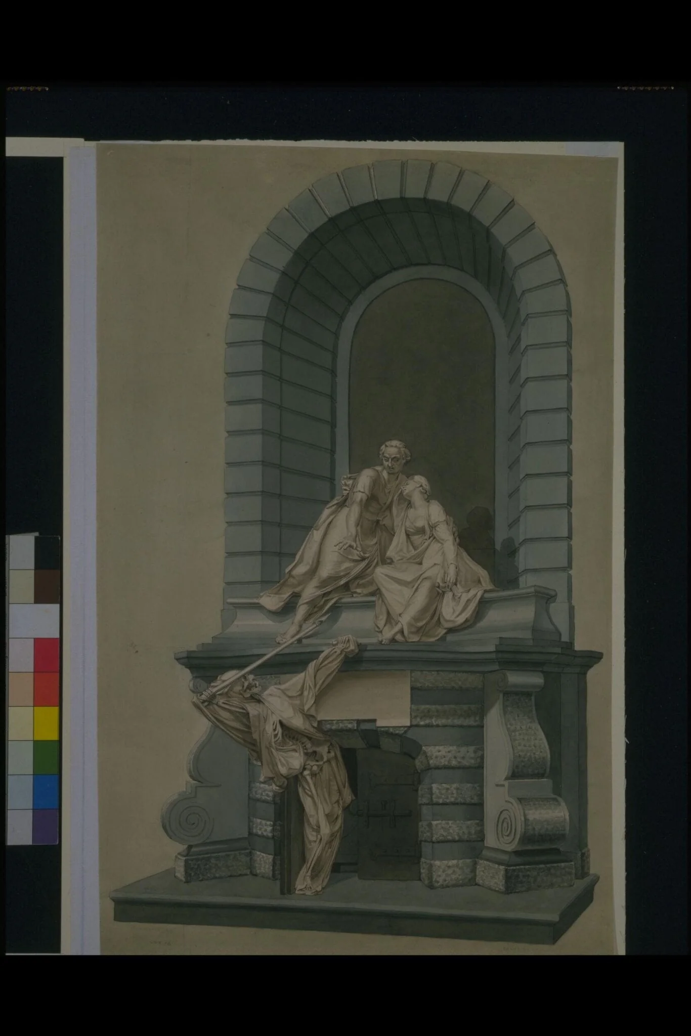 Nightingale Monument, by Edward Burney, watercolor, 1800