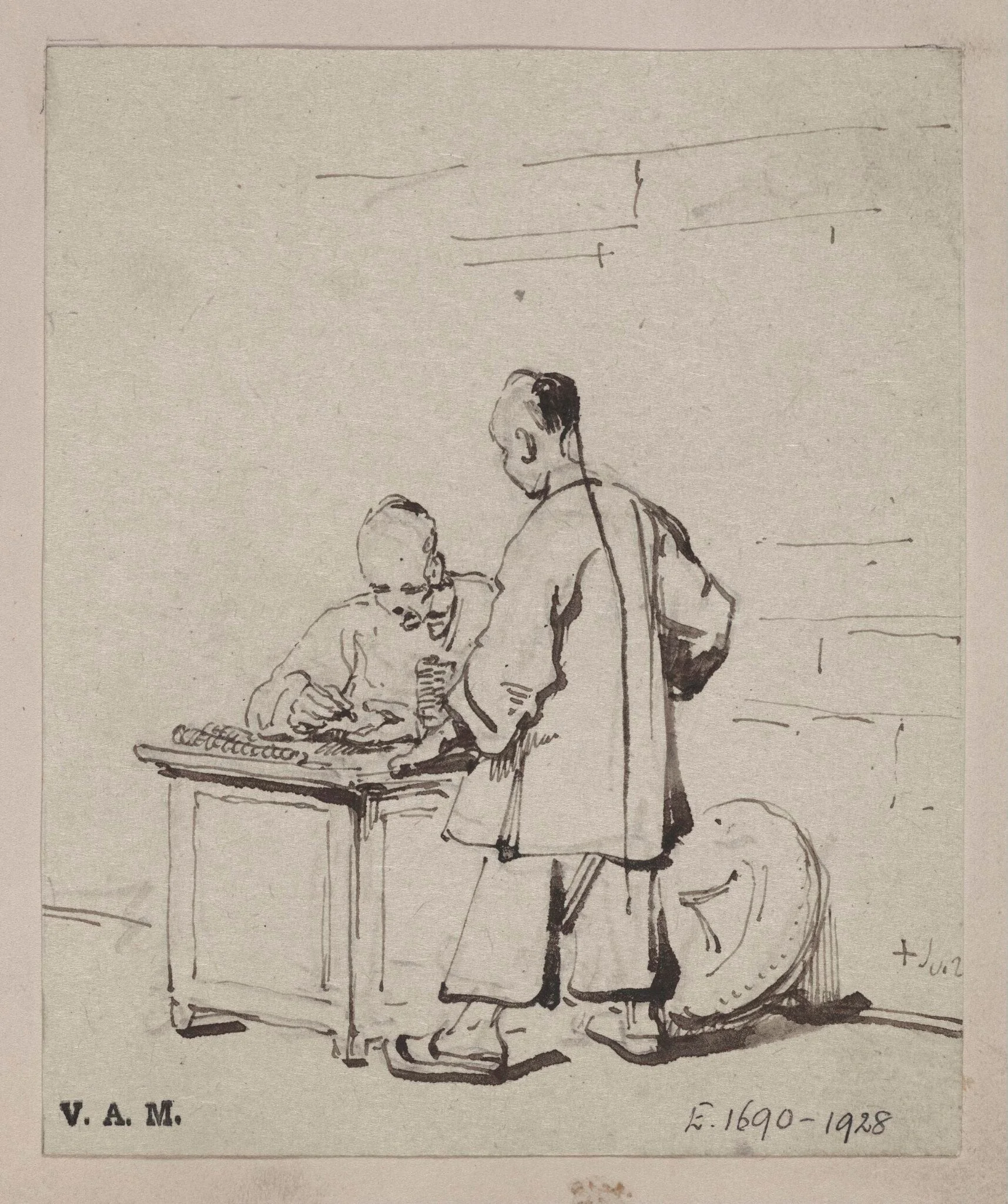 AA Chinese moneychanger seated at a table, with a standing figure, by George Chinnery, 19
