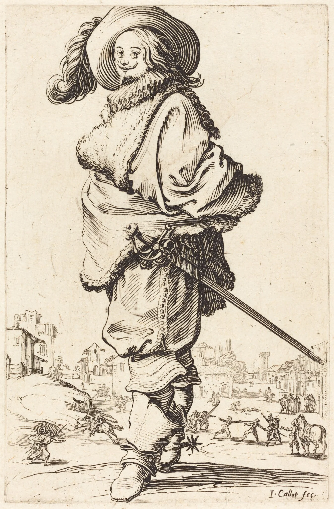 Noble Man with Fur Plastron, by Jacques Callot, ink, 1622