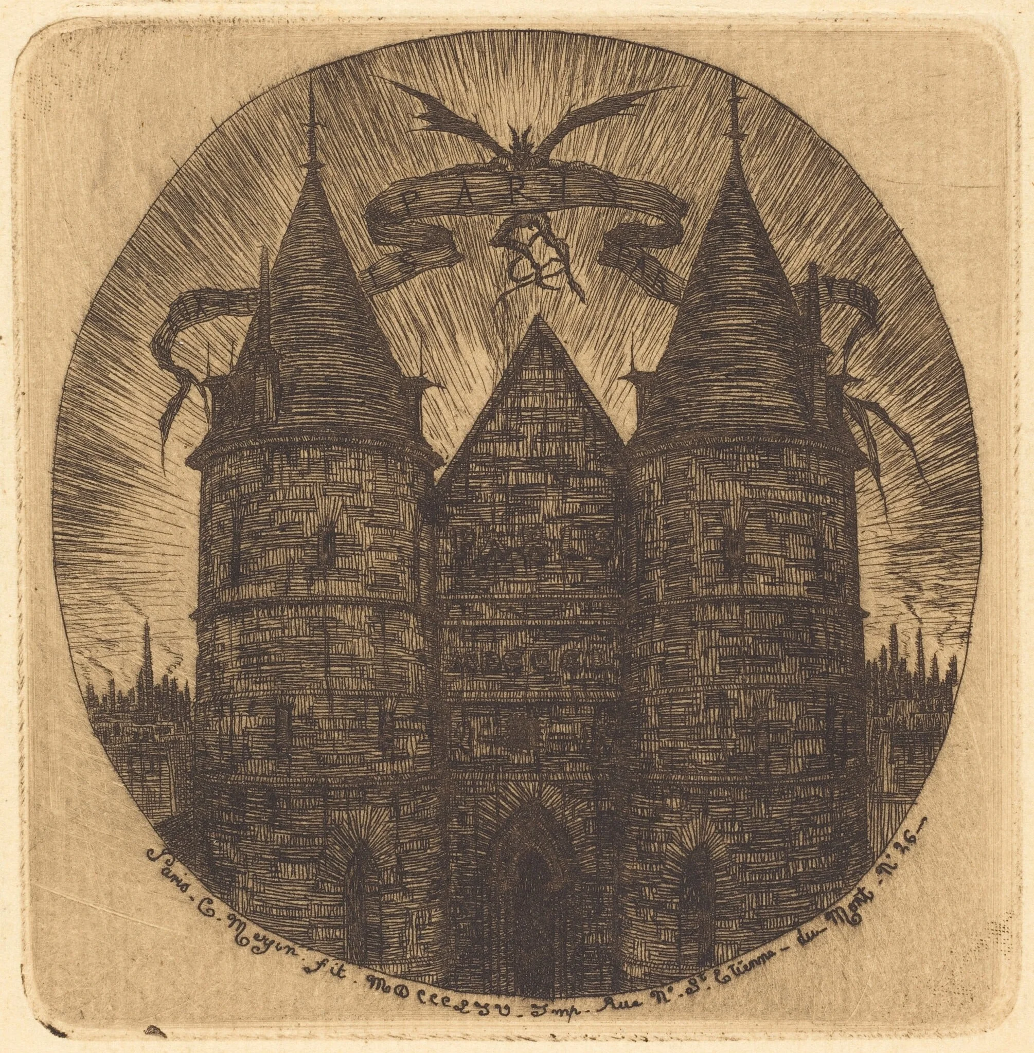 Ancienne porte du Palais de Justice, Paris (Old Gate of the Palace of Justice, Paris), by Charles Meryon, ink, 1854