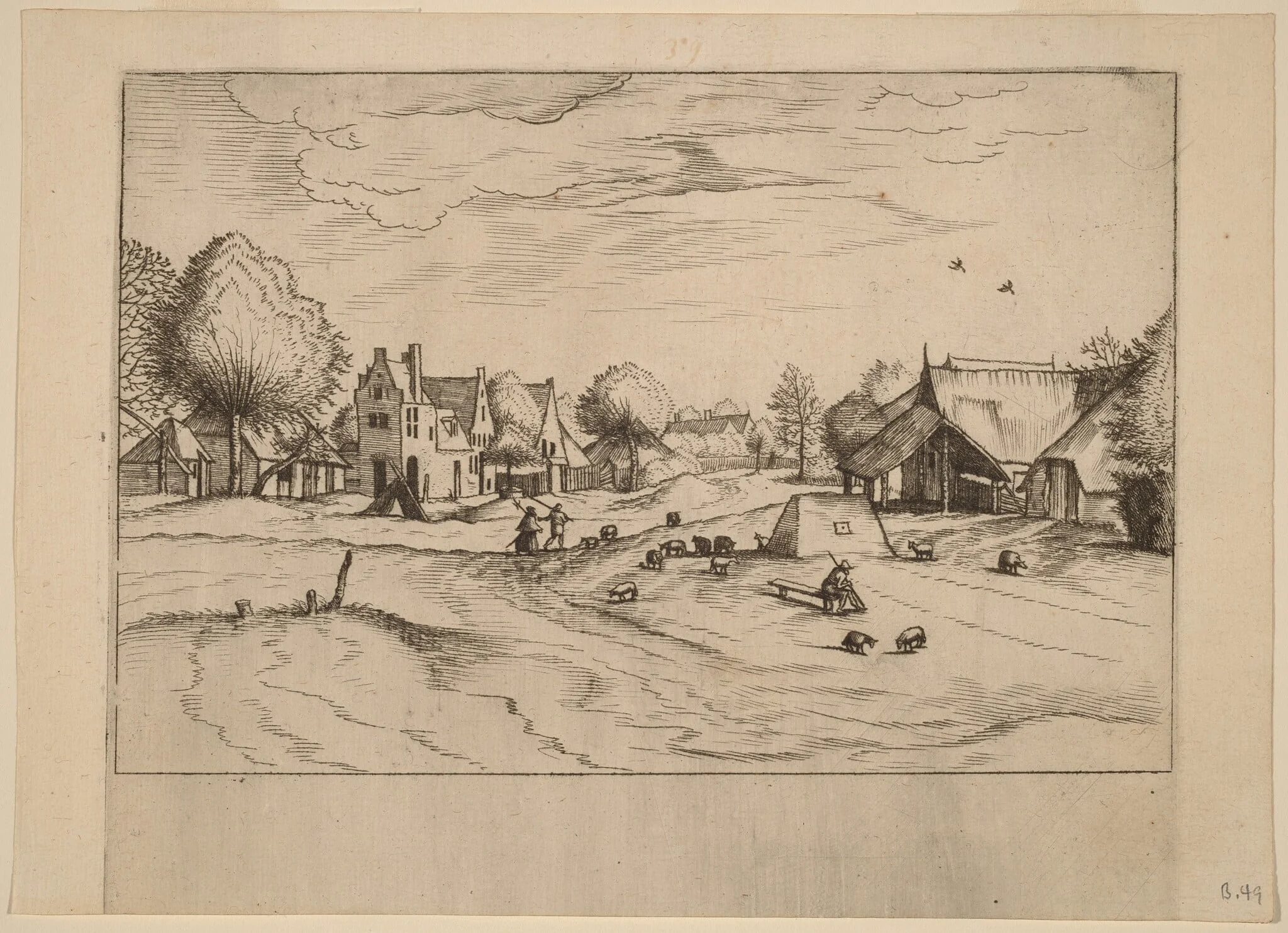 Country Village with Sheep and Sitting Shepherd, by Lucas van Doetechum, ink, 1560