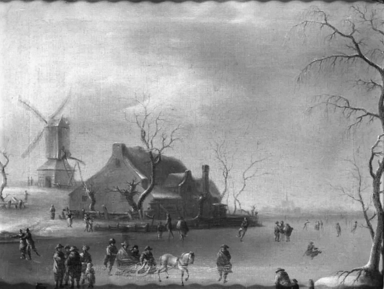 Winter Scenery with Ice Skaters, a Mill to the Left, by Unknown, 1676
