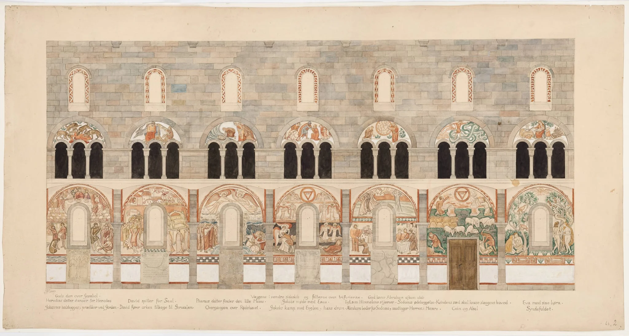 Udkast til freskerne i Viborg Domkirke. Væggene. Søndre sideskib og felterne over Triforierne, by Unknown, unspecified, 1897