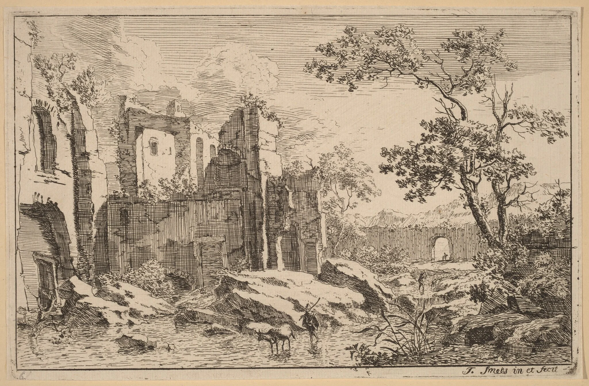 Man and Ox in a River, by Jan Smees, ink, 1707