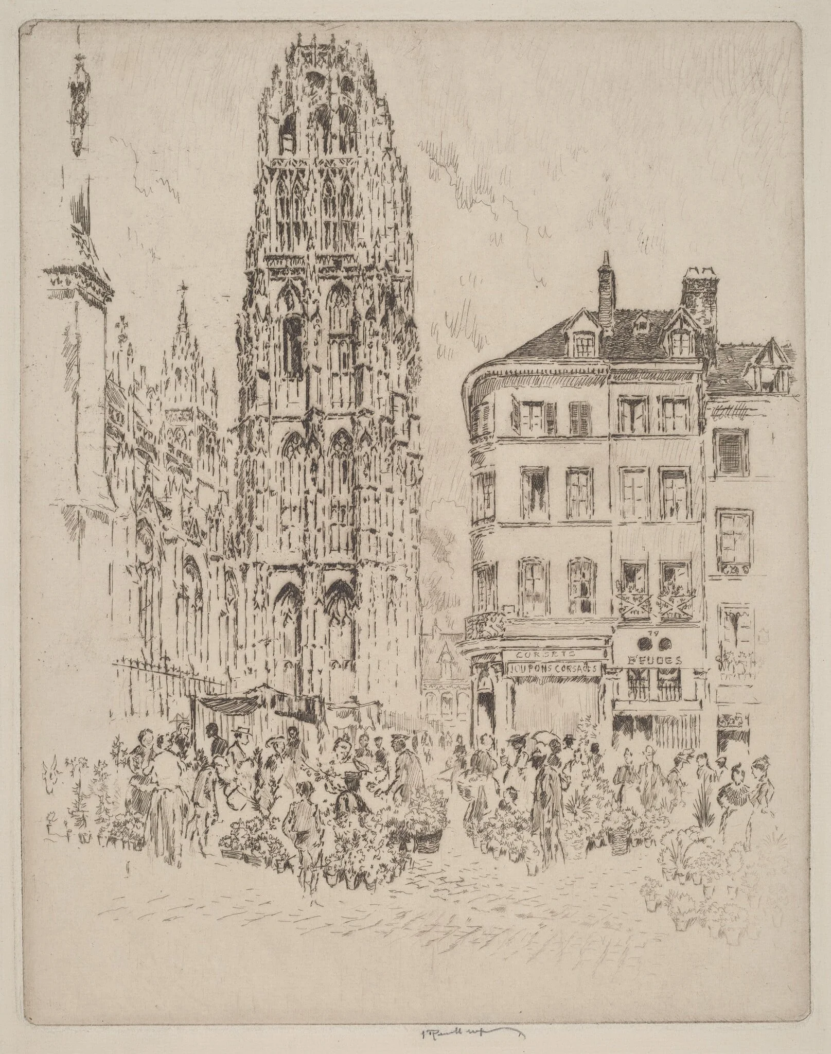 Flower Market and Butter Tower, Rouen, by Joseph Pennell, ink, 1907