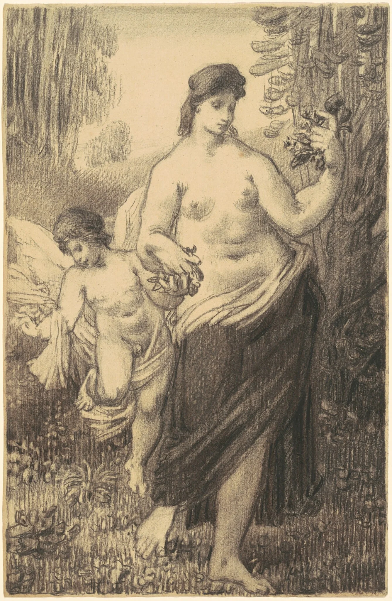 Nude Walking with Cupid, by William Perkins Babcock, charcoal, 1870