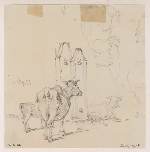 A cow and calf, with other sketches
