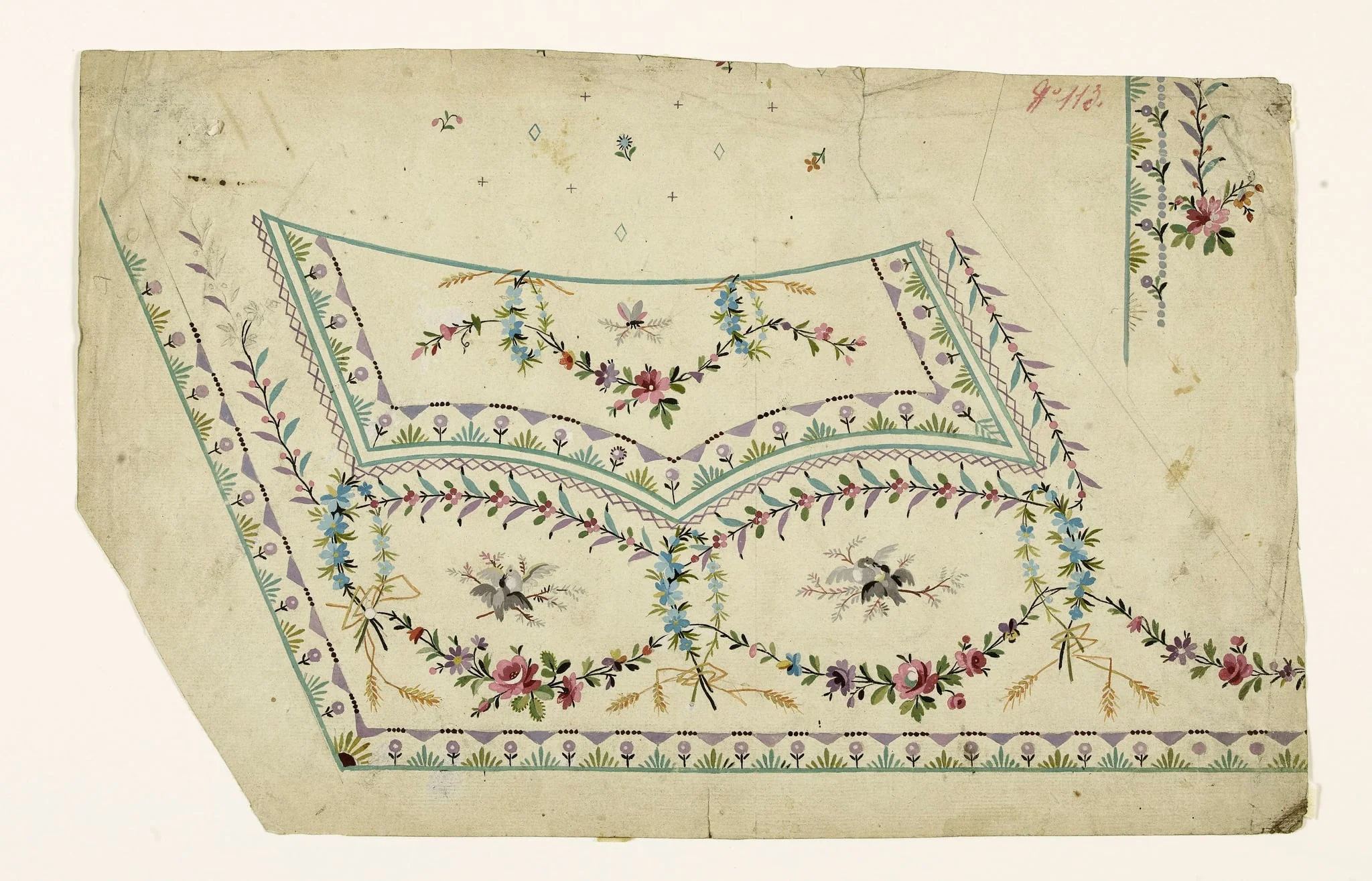 Scènes de becquées d'oiseaux dans des cartouches de fleurs et d'épis, frises de croisillons, de motifs géométriques et de fleurs stylisées, projets de broderies de gilet, XVIIIème siècle