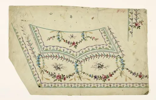 Scènes de becquées d'oiseaux dans des cartouches de fleurs et d'épis, frises de croisillons, de motifs géométriques et de fleurs stylisées, projets de broderies de gilet, XVIIIème siècle