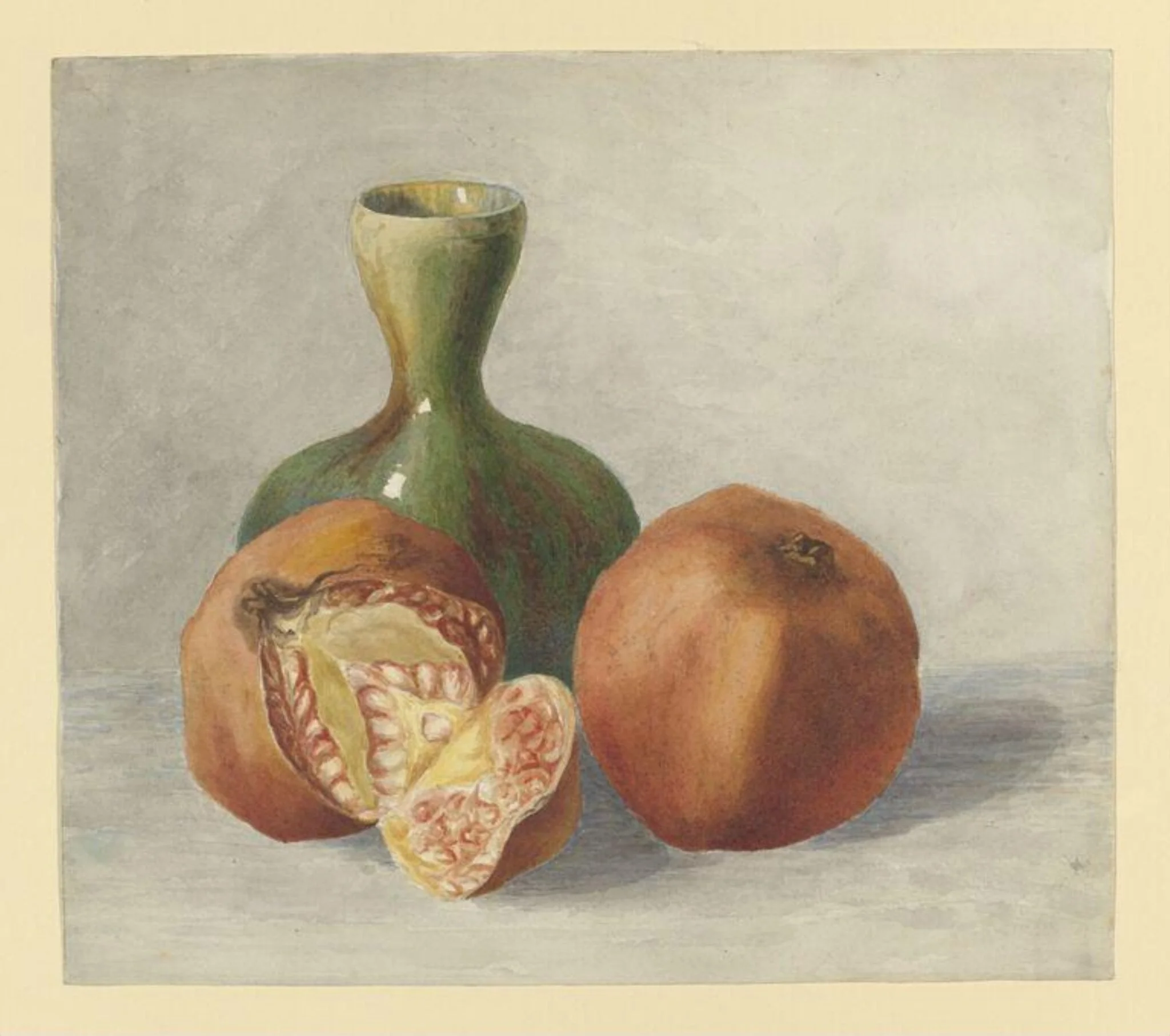 Still life study of pomegranates and a vase, by Beatrix Potter, watercolor, 1881