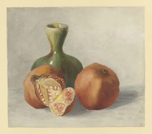 Still life study of pomegranates and a vase