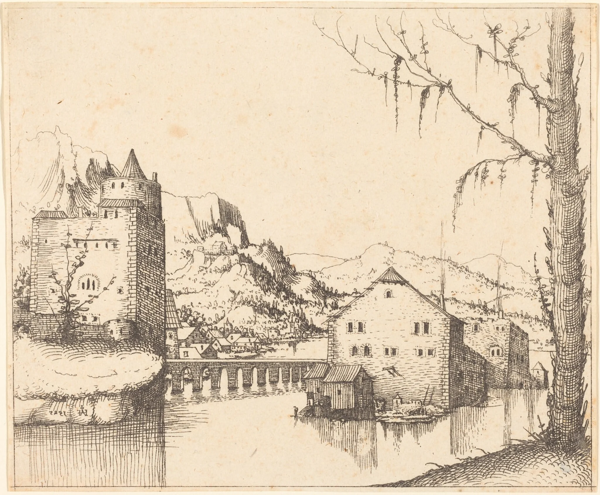 River Landscape with Two Buildings, by Augustin Hirschvogel, ink, 1545