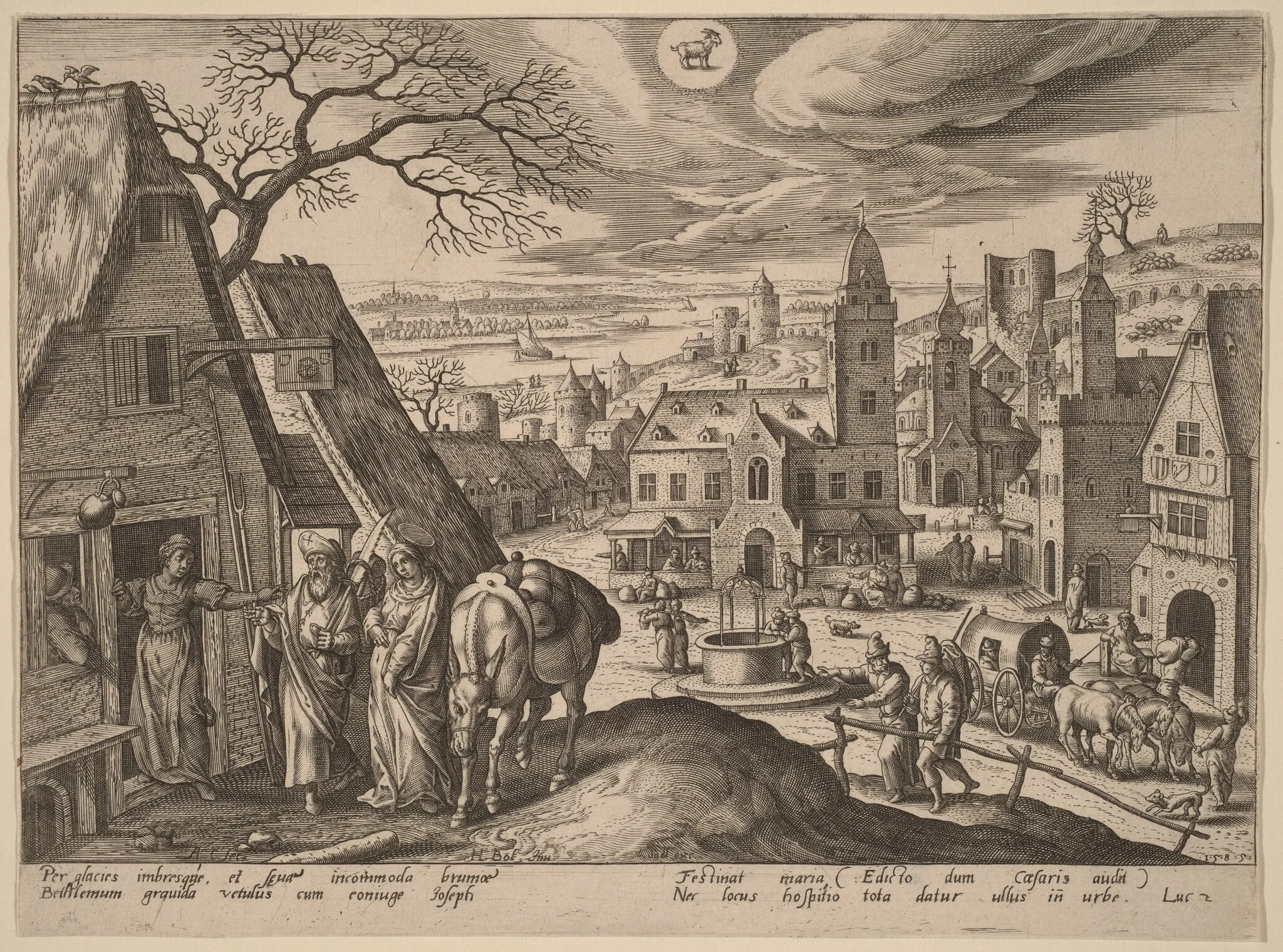 The Virgin and Joseph at the Inn, by Adriaen Collaert, ink, 1585
