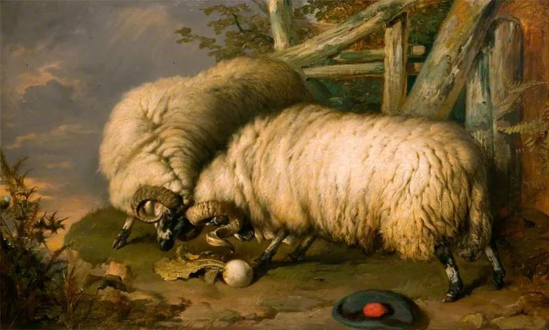 Highland Rams Fighting, by John Frederick Pasmore, oil, 1850