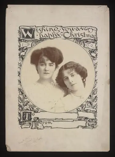 Manufacturer's proof of a souvenir Christmas card for 1902 featuring Mabel Hirst and Daisy Le Hay who were appearing in <i>A Country Girl</i>, Daly's Theatre, 1902. Photograph by Foulsham & Banfield; drawing by F.V. Poole