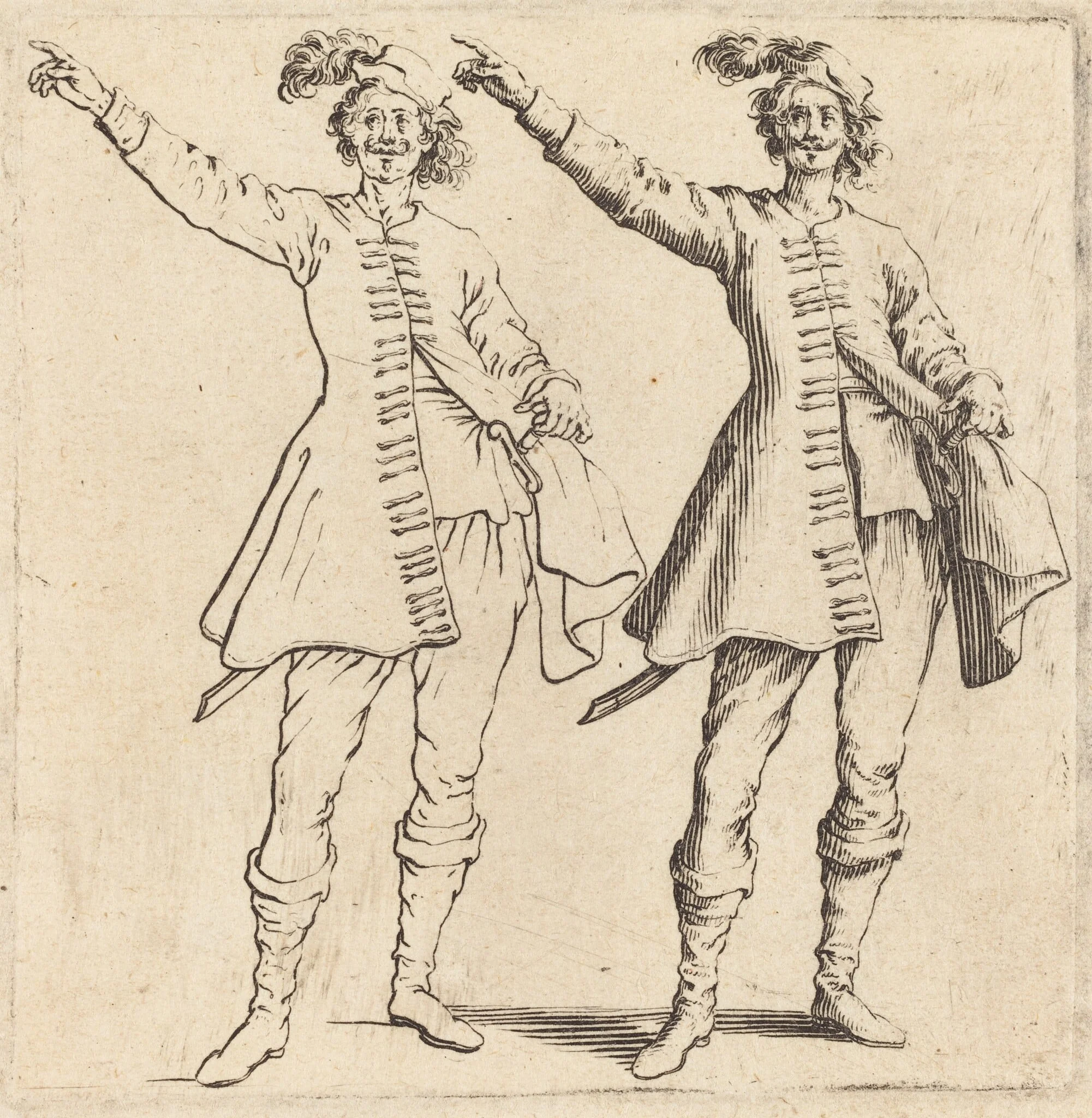Officer, with Arm Extended, Front View, by Jacques Callot, ink, 1622
