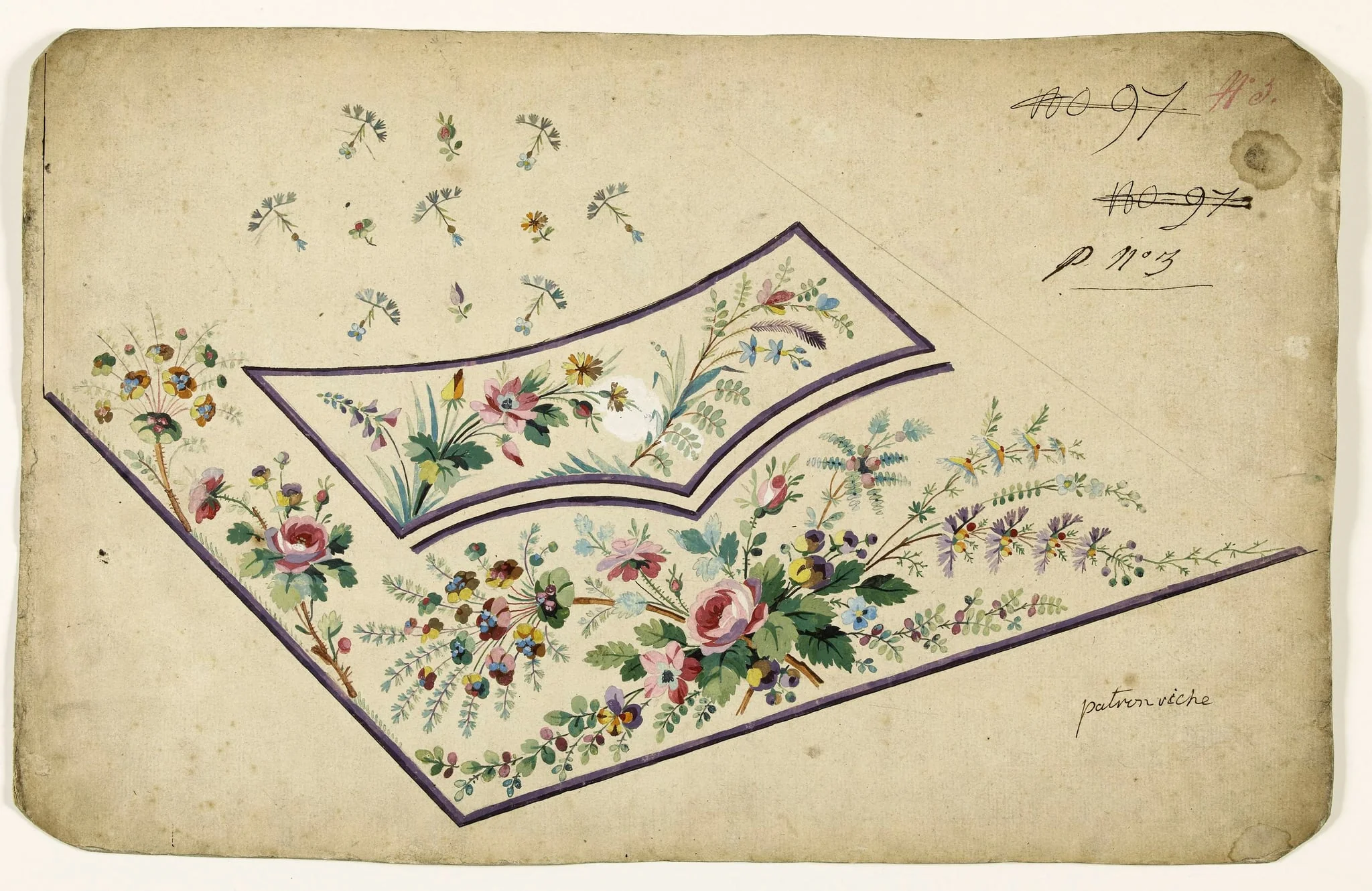 Composition florale en bouquets, projets de broderies de gilet, XVIIIème siècle