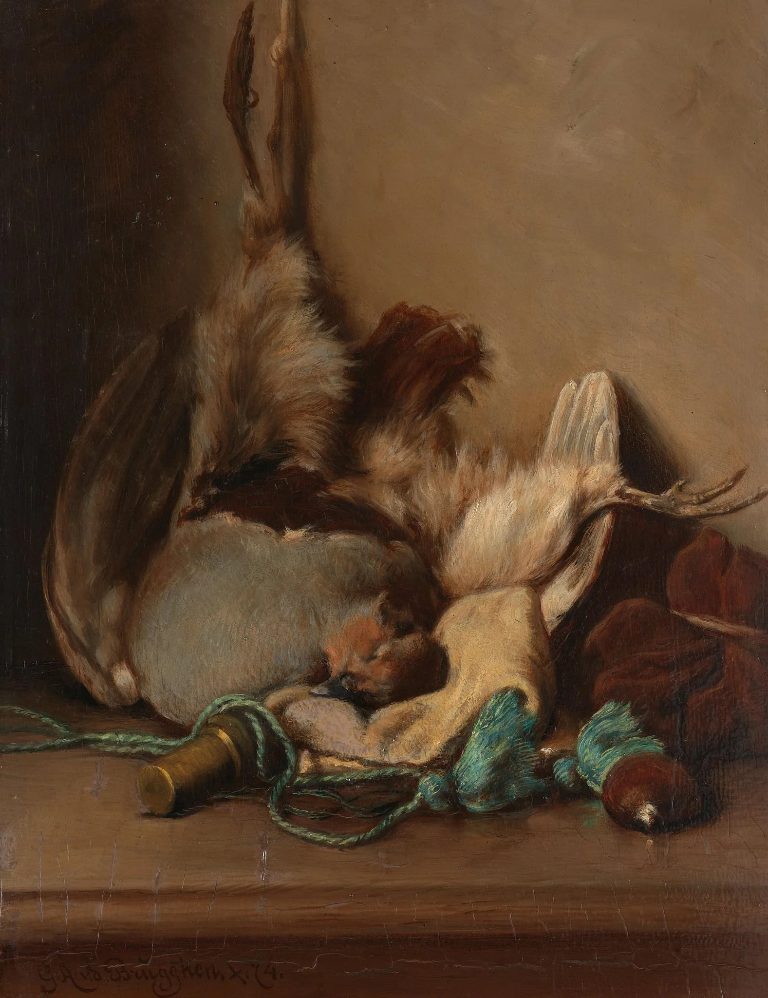 Still life with Wood Pigeon and Powder Horn, by Unknown, unspecified, 1874
