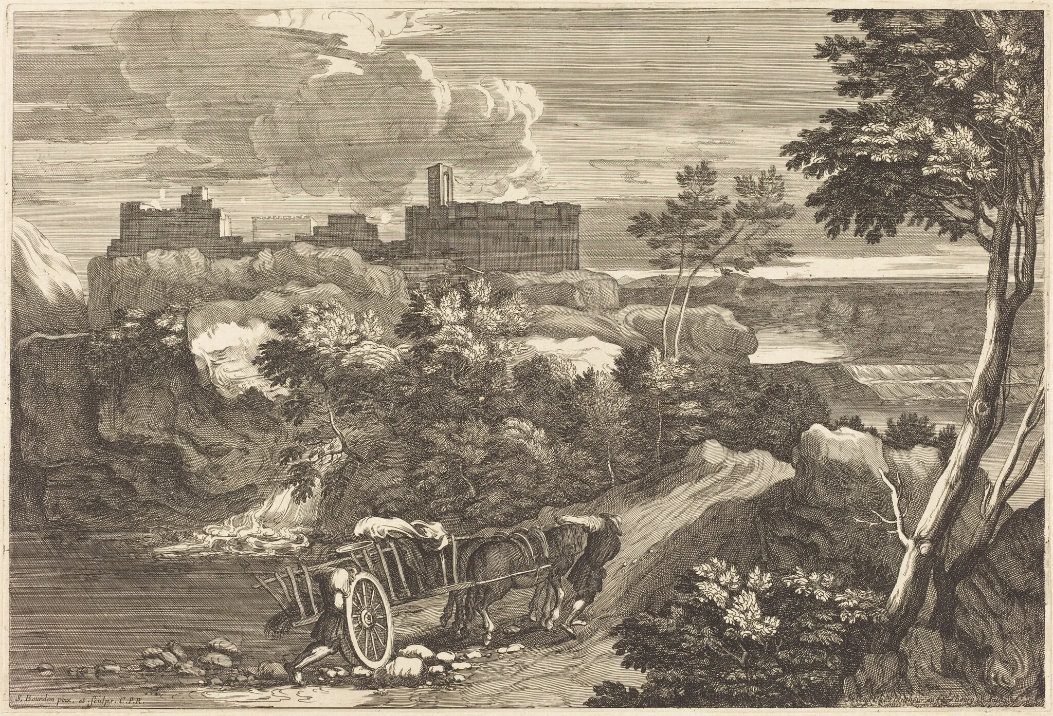 Landscape with Wagon, by Sébastien Bourdon, ink, 1644