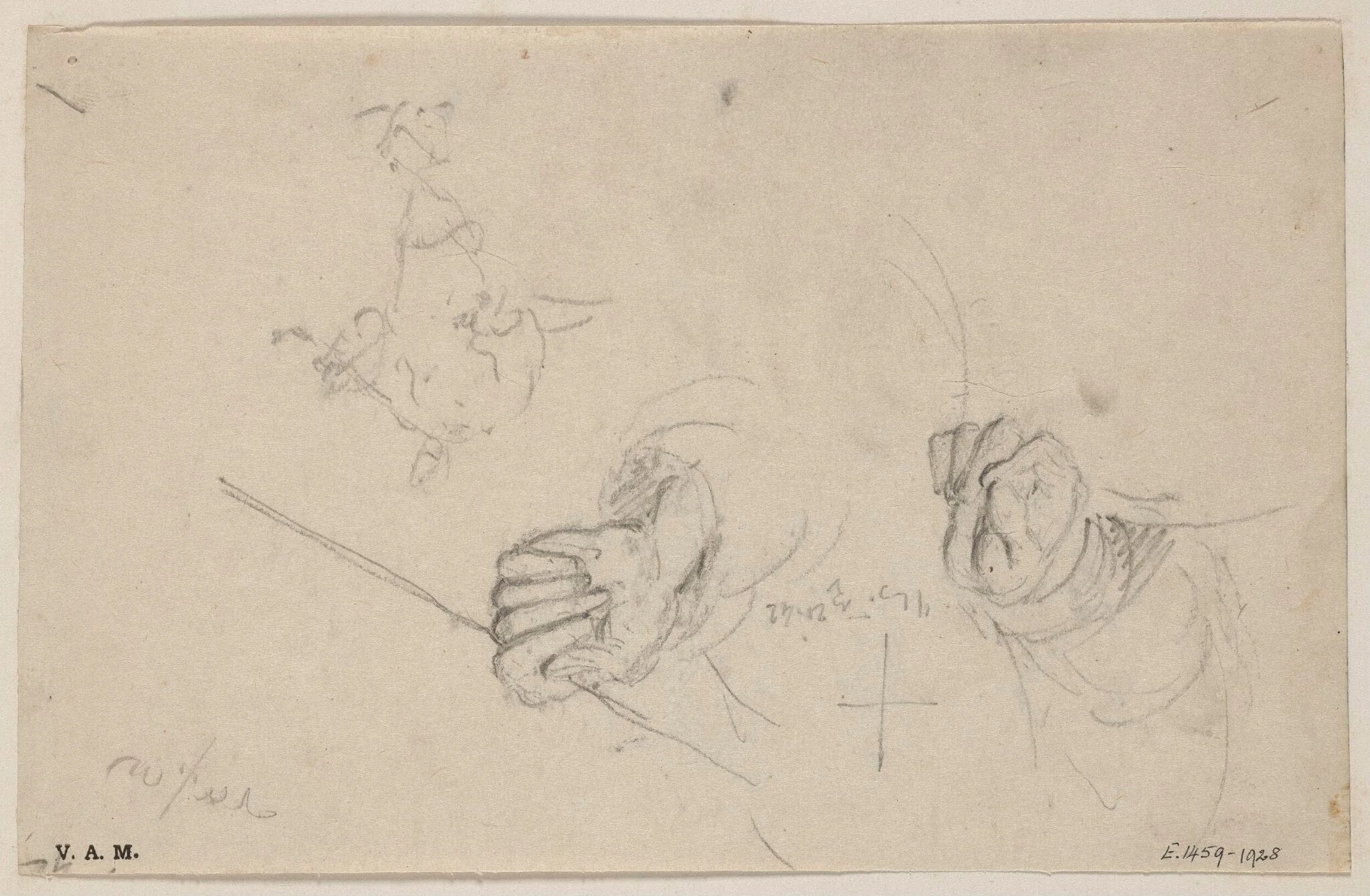 The hands of a Chinese figure holding a line or pipe, by George Chinnery, 16