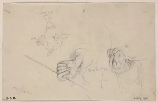 The hands of a Chinese figure holding a line or pipe