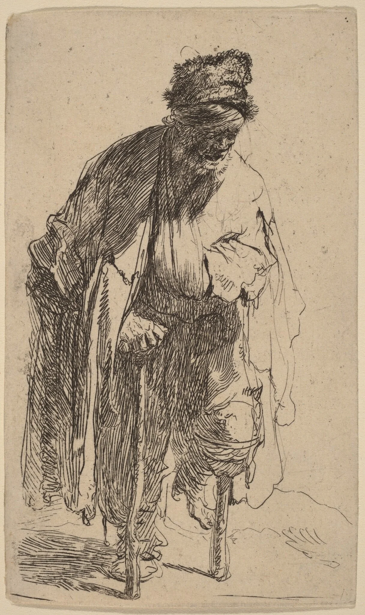 Beggar with a Wooden Leg, by Rembrandt, ink, 1630