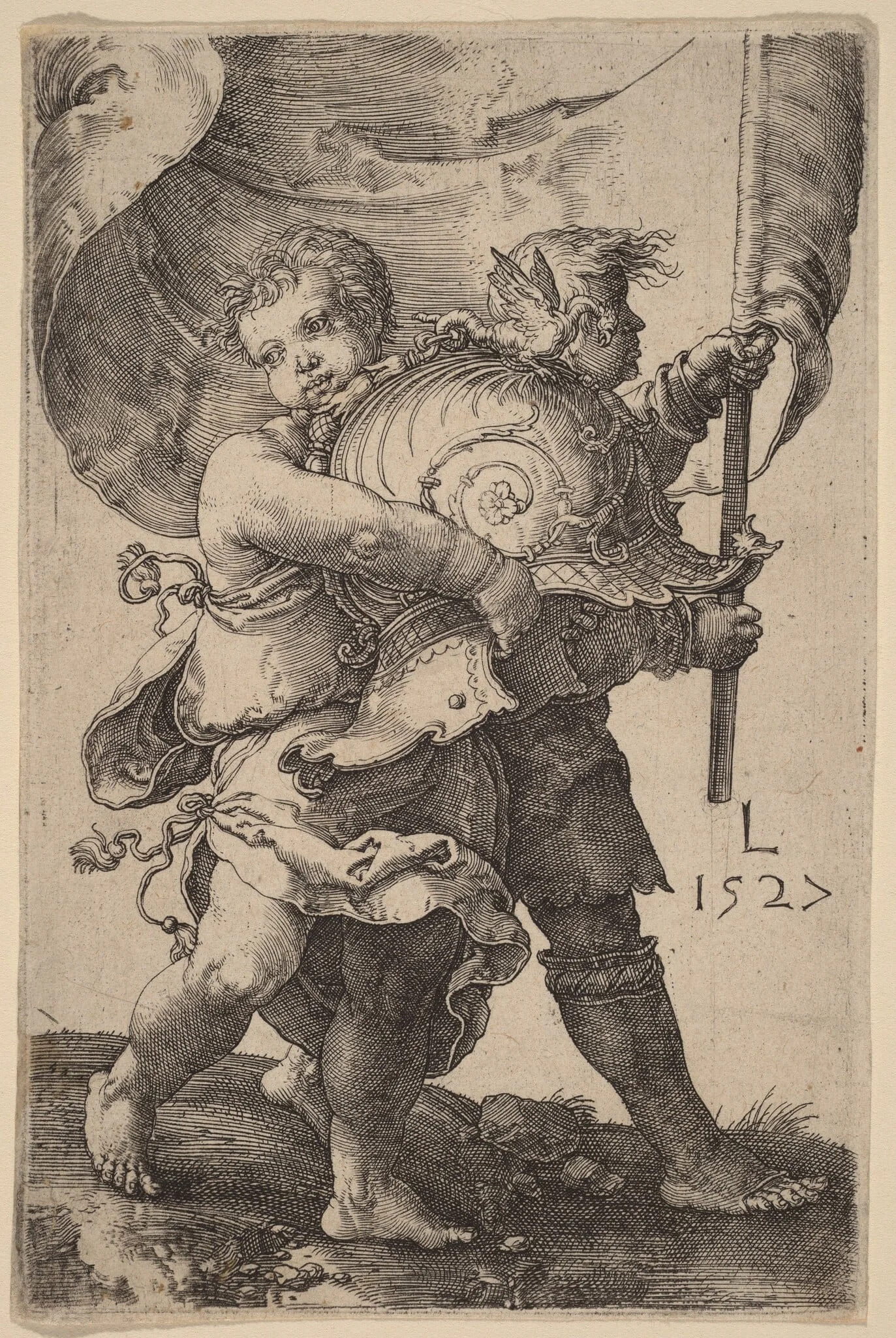 Two Boys with a Helmet and a Standard, by Lucas van Leyden, ink, 1527