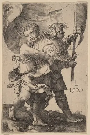 Two Boys with a Helmet and a Standard