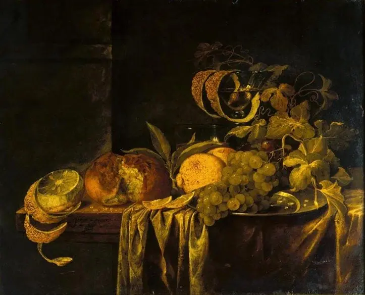 Still life with fruit, bread, and glassware
