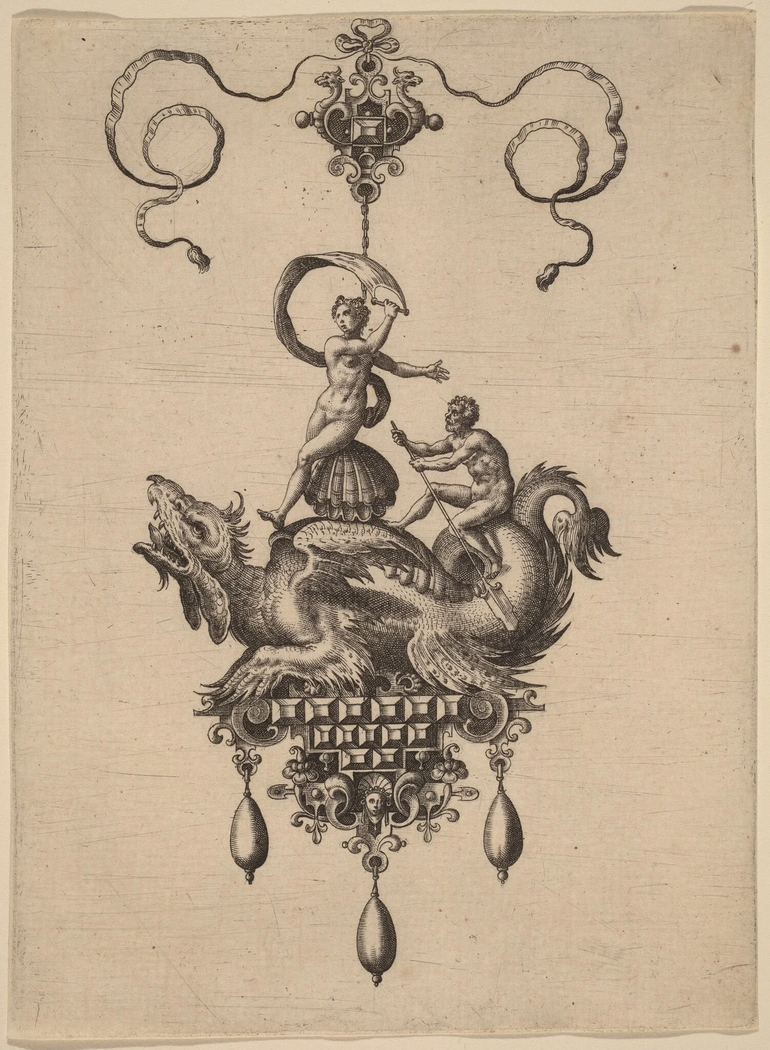 Design for a Pendant with a Winged Sea-Monster Carrying Venus Anadyomene on a Shell and a Man with an Oar, by Adriaen Collaert, ink, 1582