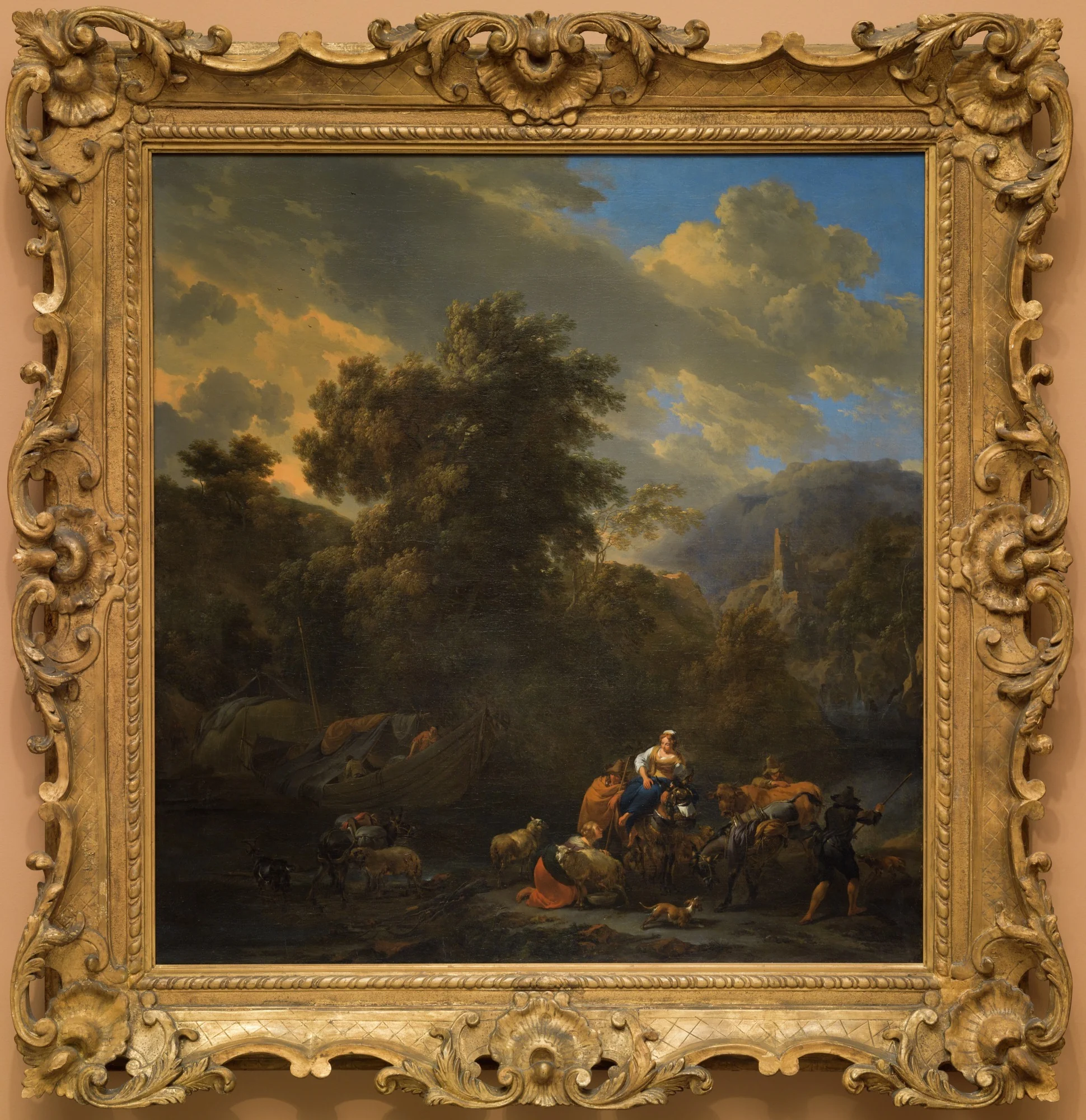 Italianate Landscape with Figures and Pack Animals on the Banks of a River