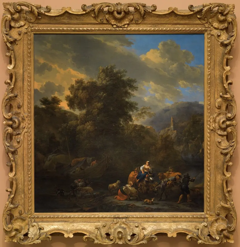 Italianate Landscape with Figures and Pack Animals on the Banks of a River
