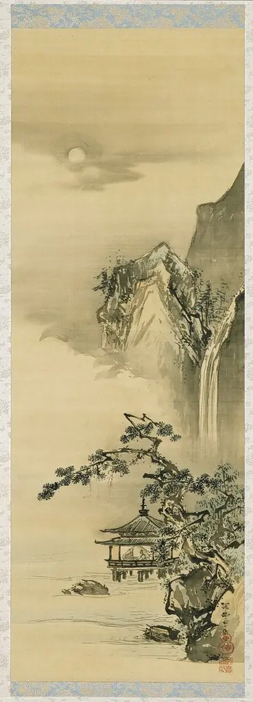 Lake Pavilion near a Waterfall
