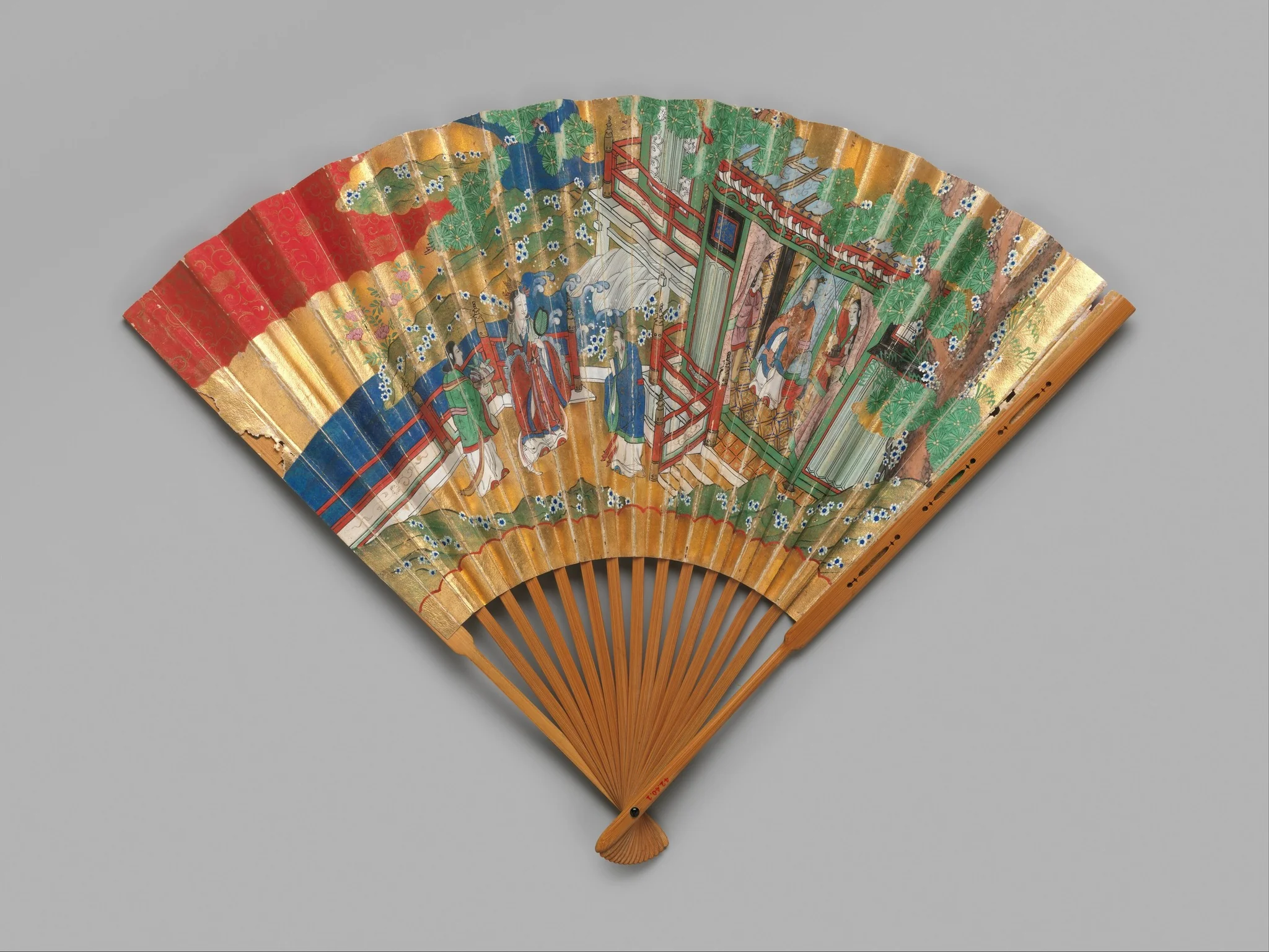 Chūkei Fan with Queen Mother of the West and King Mu of Zhou (obverse) and Plum Tree and Young Pines (reverse), by Unknown, unspecified, 1824