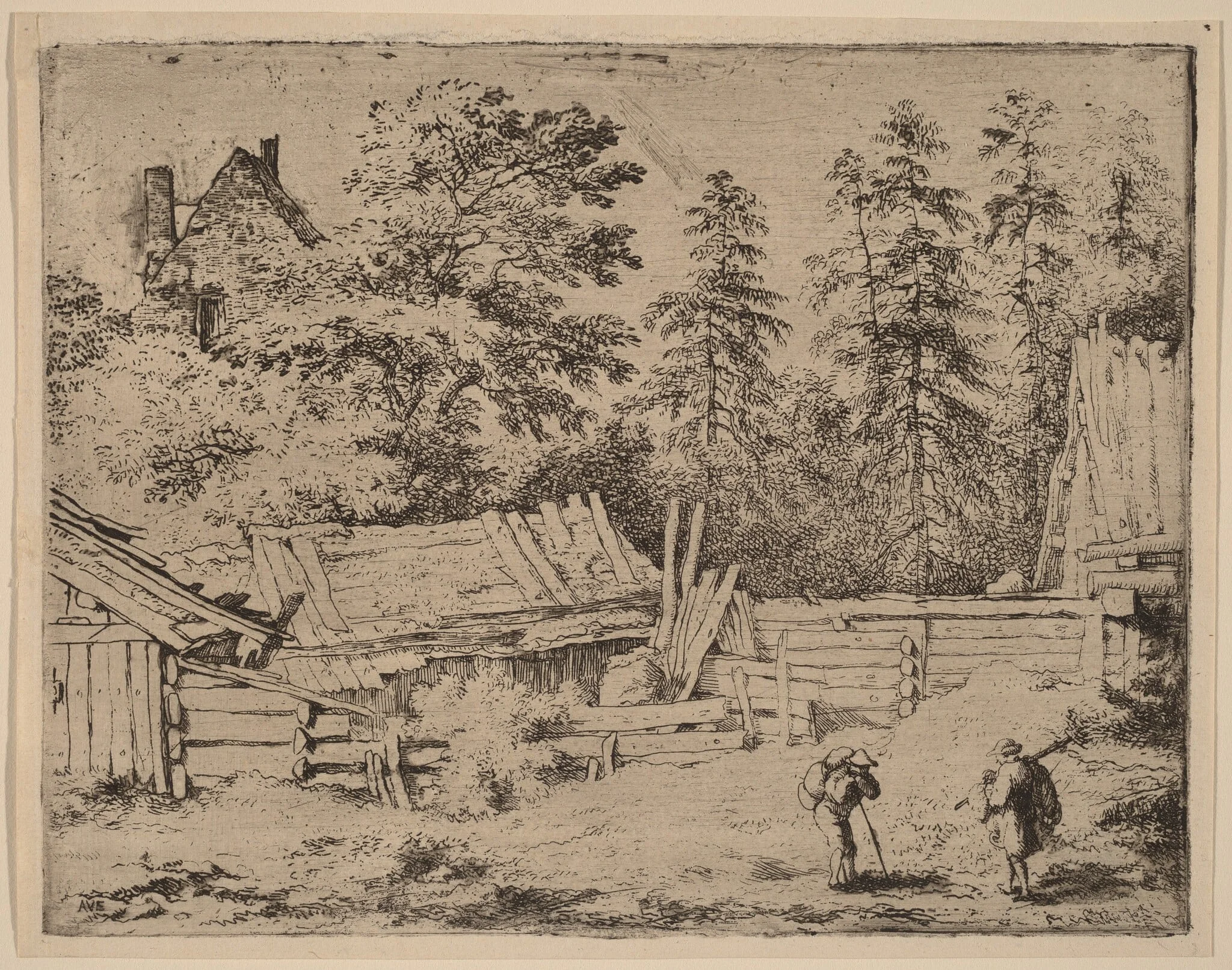 Three Cottages, by Allart van Everdingen, ink, 1650