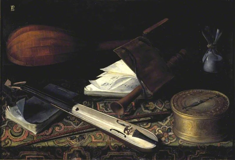 Still-life with Musical Instruments (Reverse: A Man's Head (unfinished)), by Unknown, oil, 1650