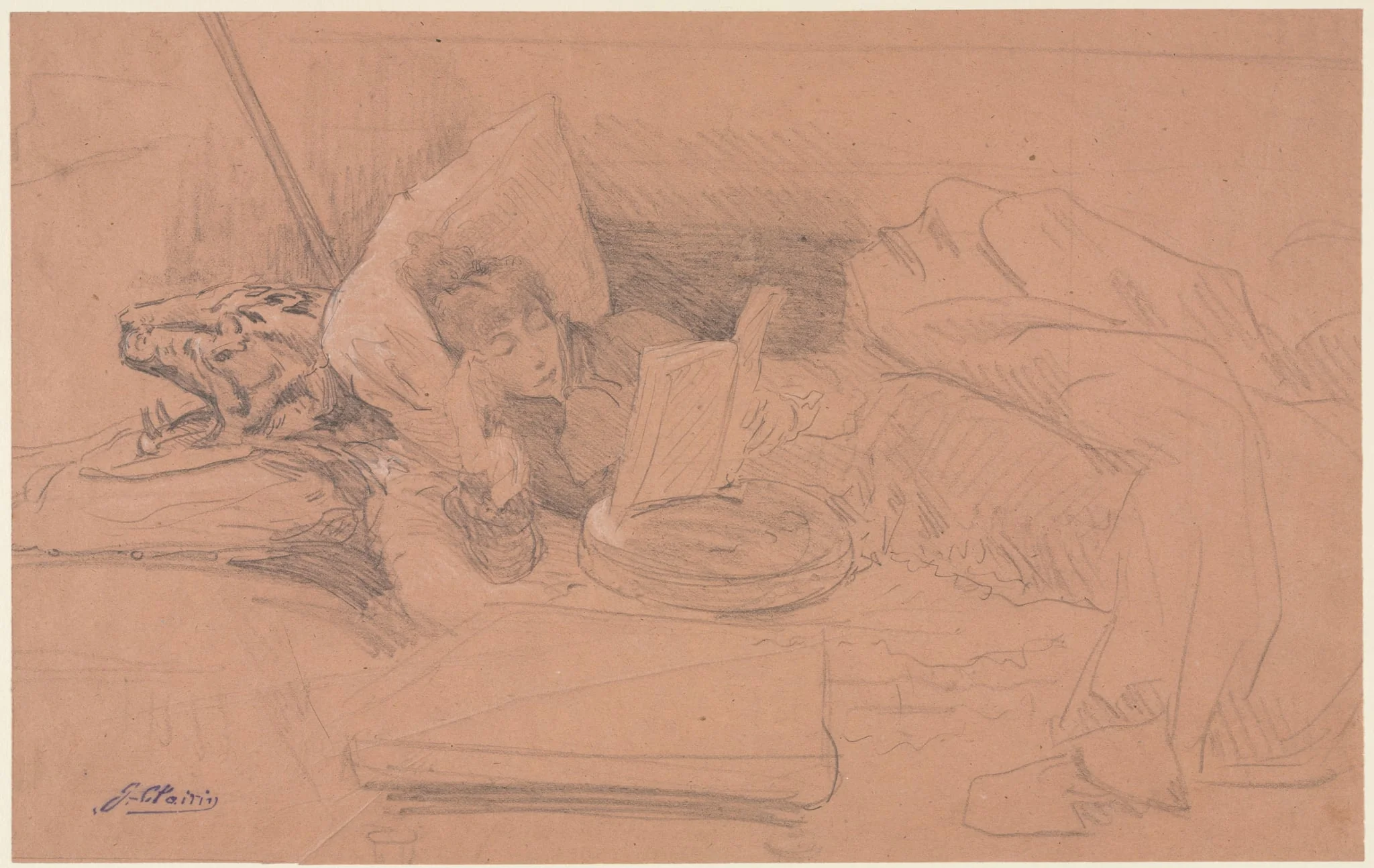 Sarah Bernhardt Reclining on a Divan, Reading, by Georges Clairin, 1888