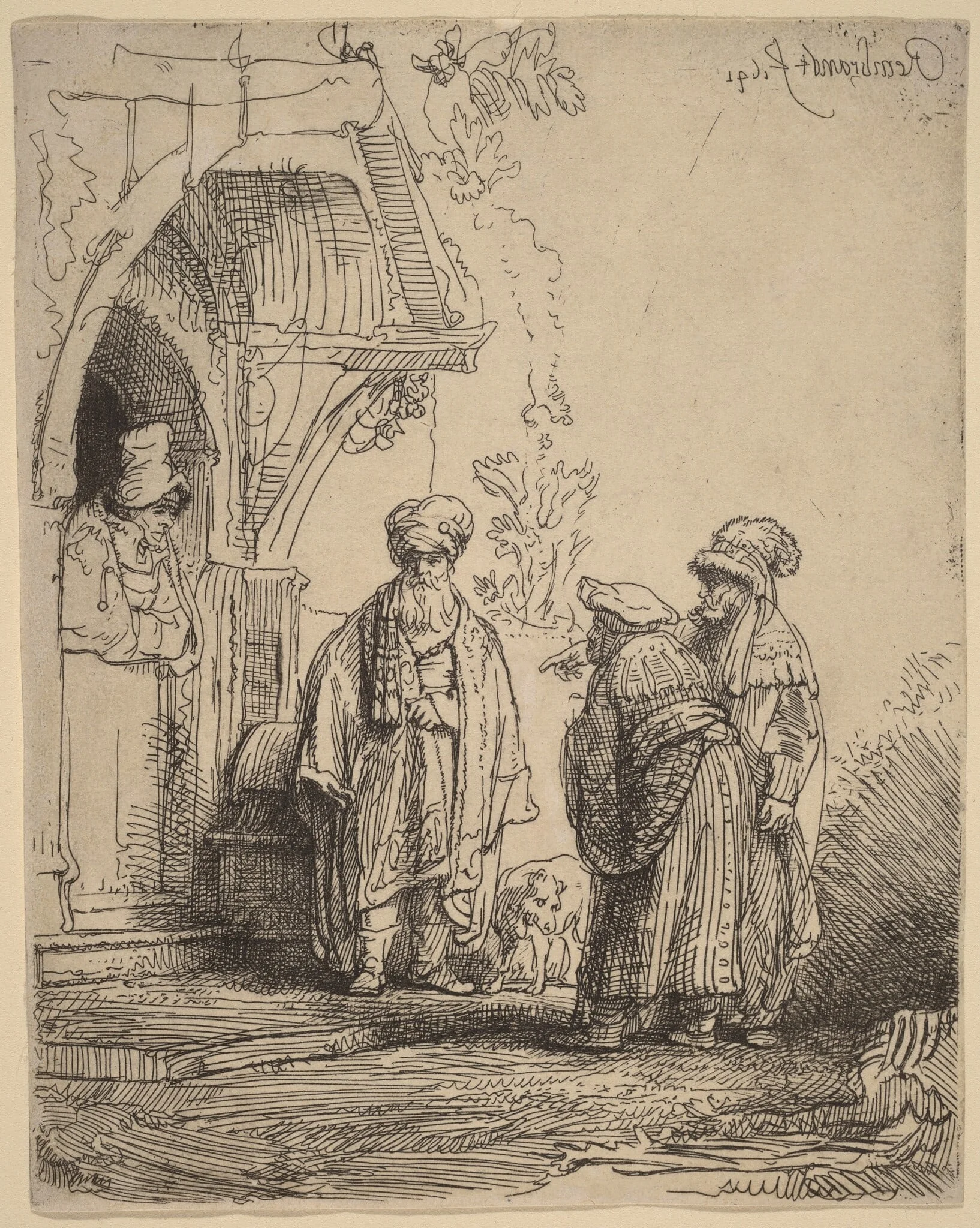 Three Oriental Figures (Jacob and Laban?), by Rembrandt, ink, 1641